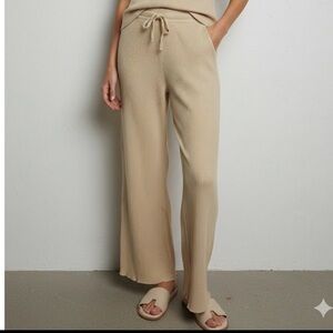 Ribbed Knit Wide Leg Pants Loungewear Beige Women's Large